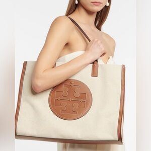 Tory Burch Cream and Tan Logo Tote